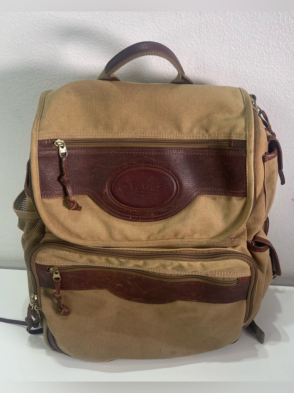 Orvis Battenkill Backpack Leather Canvas School Travel Work Bag Plaid Lined